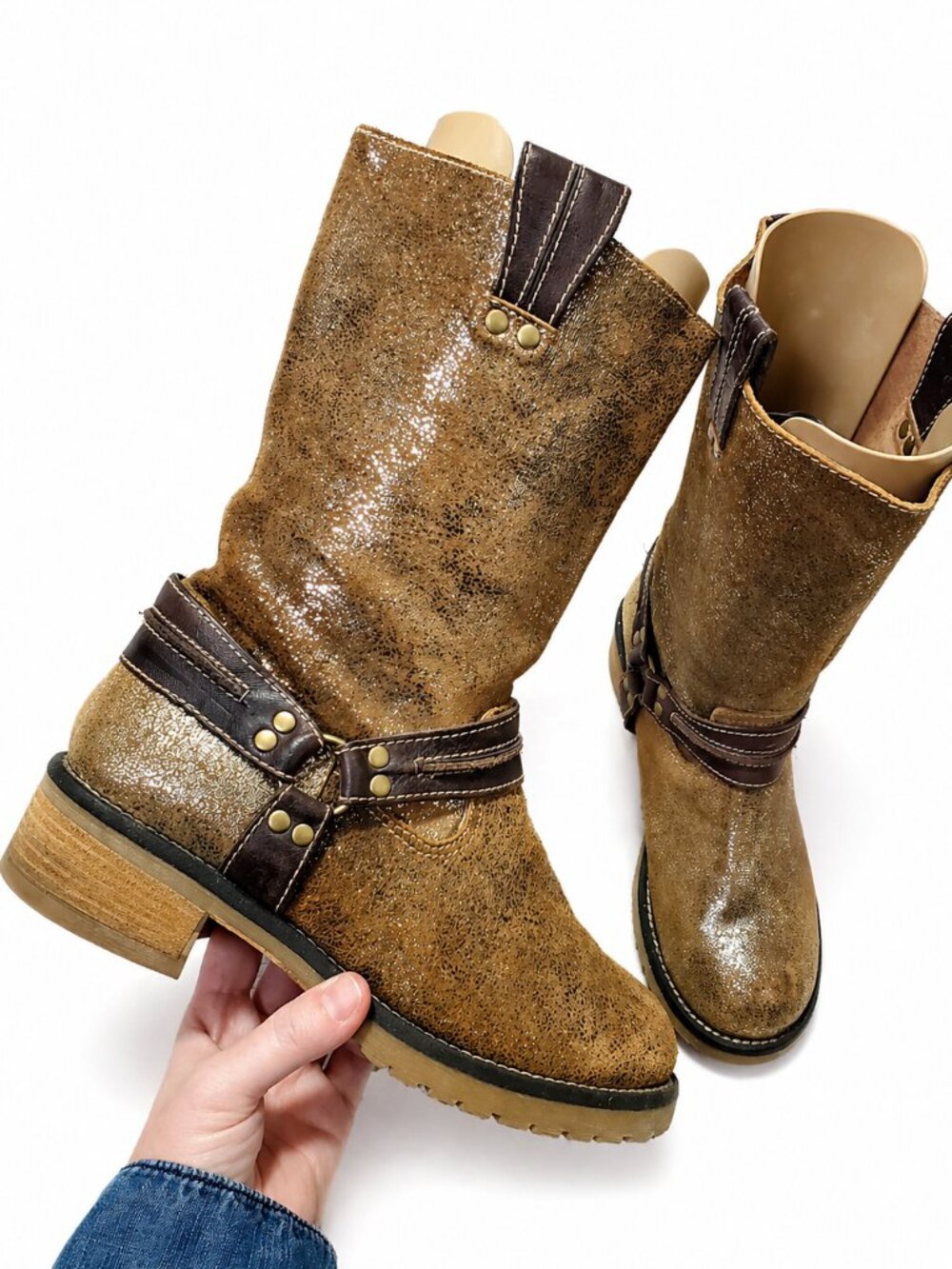 SBICCA Ozark Leather Harness Western Boots Cowboy Metallic Gold Brown Women's 8